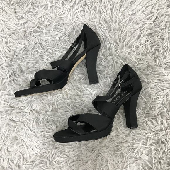 SAM & LIBBY SANDAL HEELS Carla Satin Black Straps 6.5 M - Picture 3 of 8